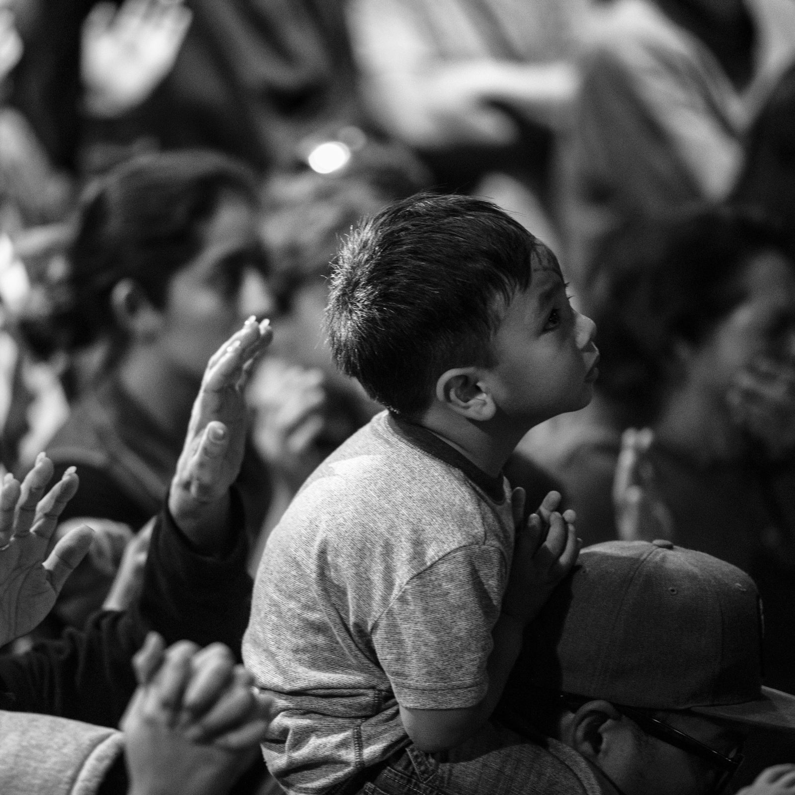 A boy praying with folded hands in the crowd at a church service
