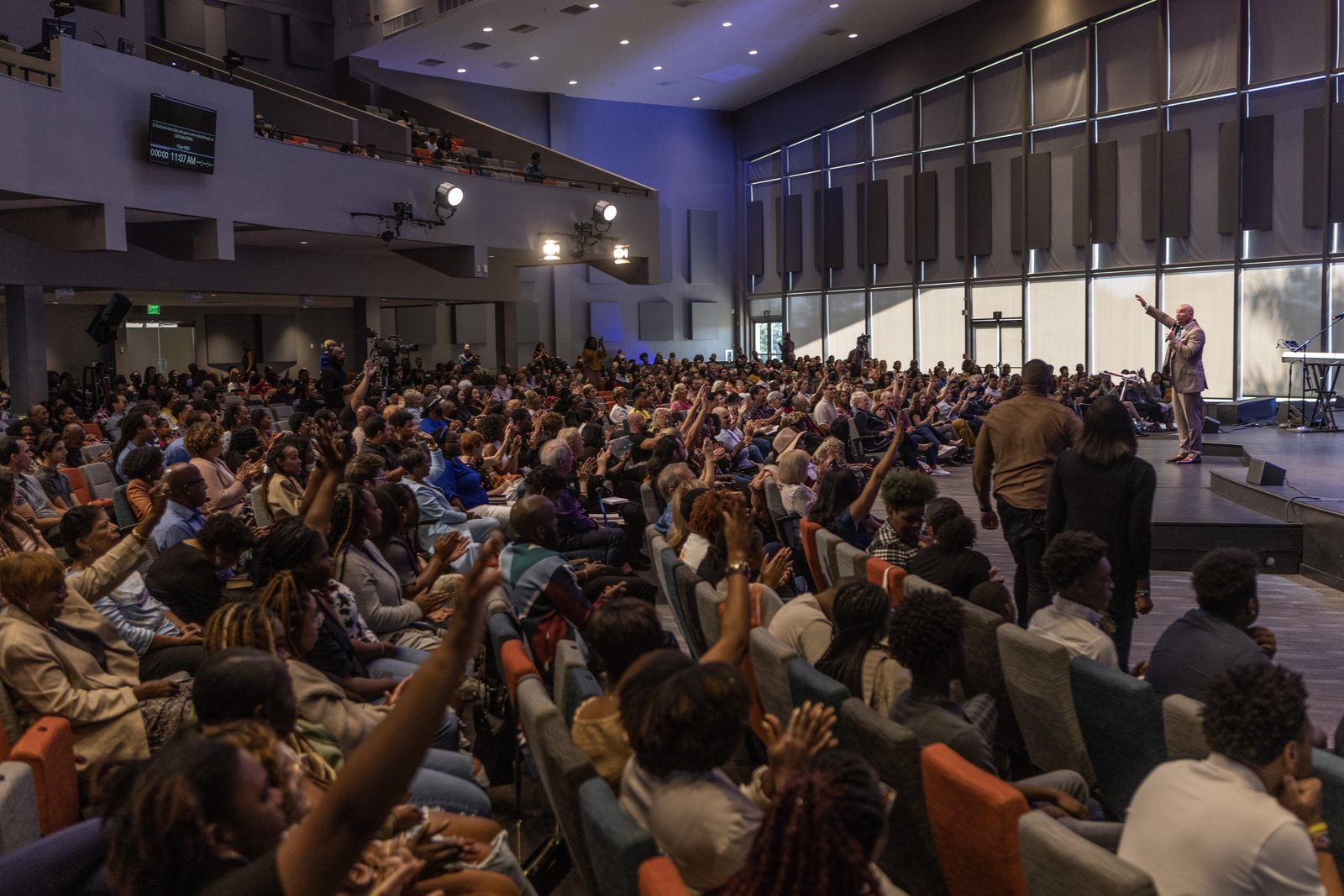 A full church auditorium during a worship service
